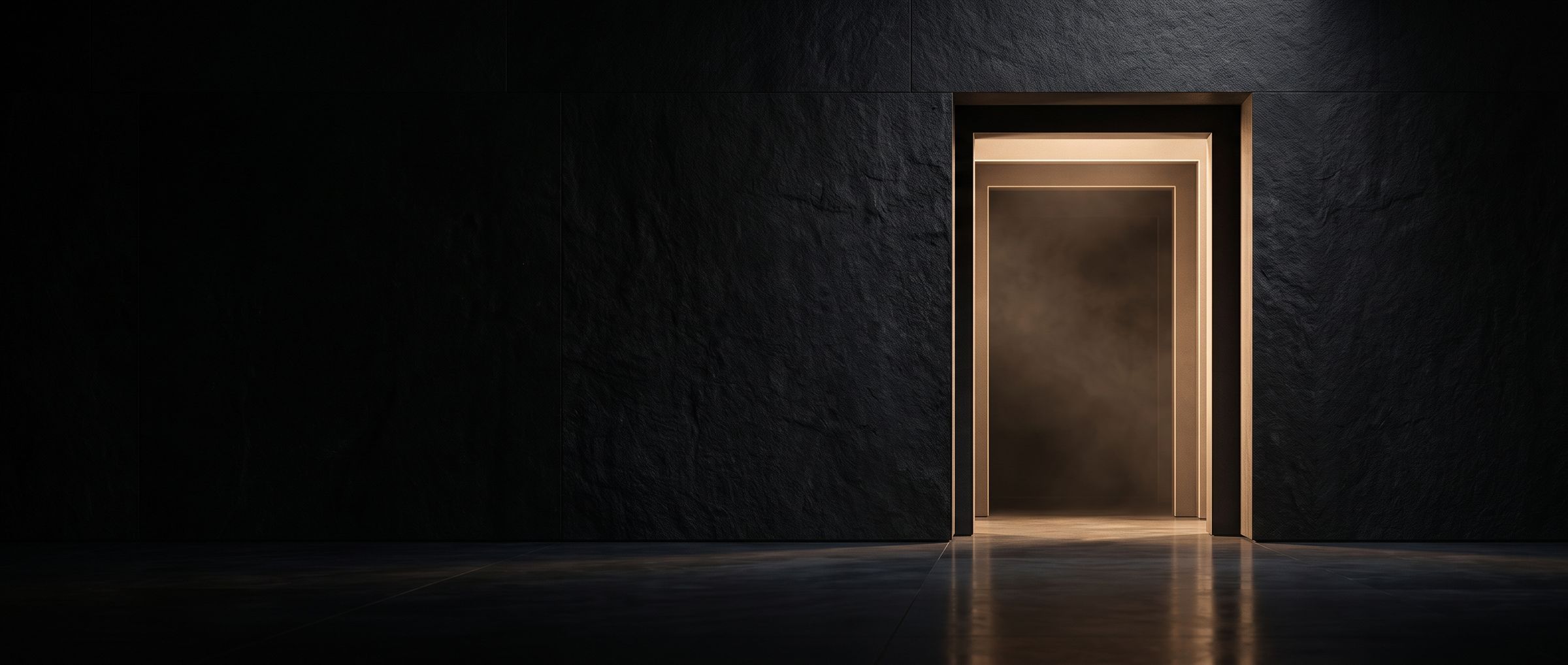 A doorway of warm light in a dark stone wall